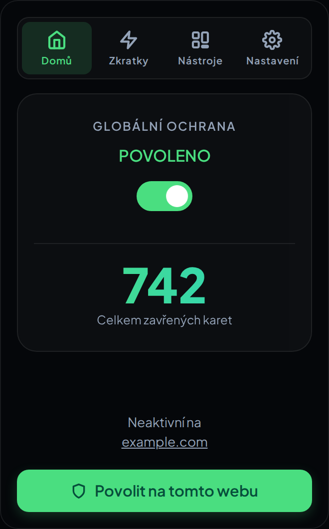 Okno AdTab Killer na kartě Domů, se spínačem globální ochrany, počítadlem zavřených karet a tlačítkem, které chrání aktuální web.
