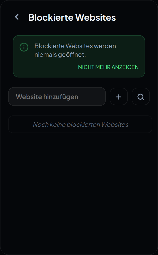 Der Bildschirm Blockierte Websites im Fenster der Erweiterung, mit seinem Hinweisbanner und dem Feld zum Hinzufügen einer Website.