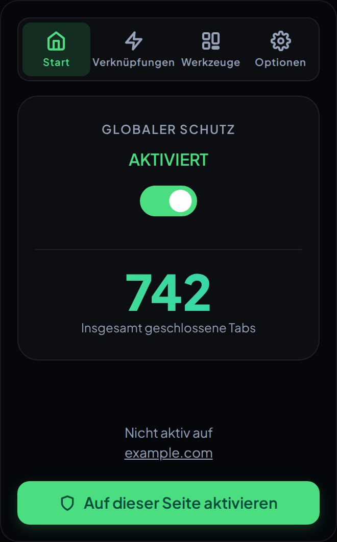 Das AdTab-Killer-Fenster auf dem Tab Start, mit dem Schalter für den globalen Schutz, dem Zähler geschlossener Tabs und der Schaltfläche, die die aktuelle Website schützt.
