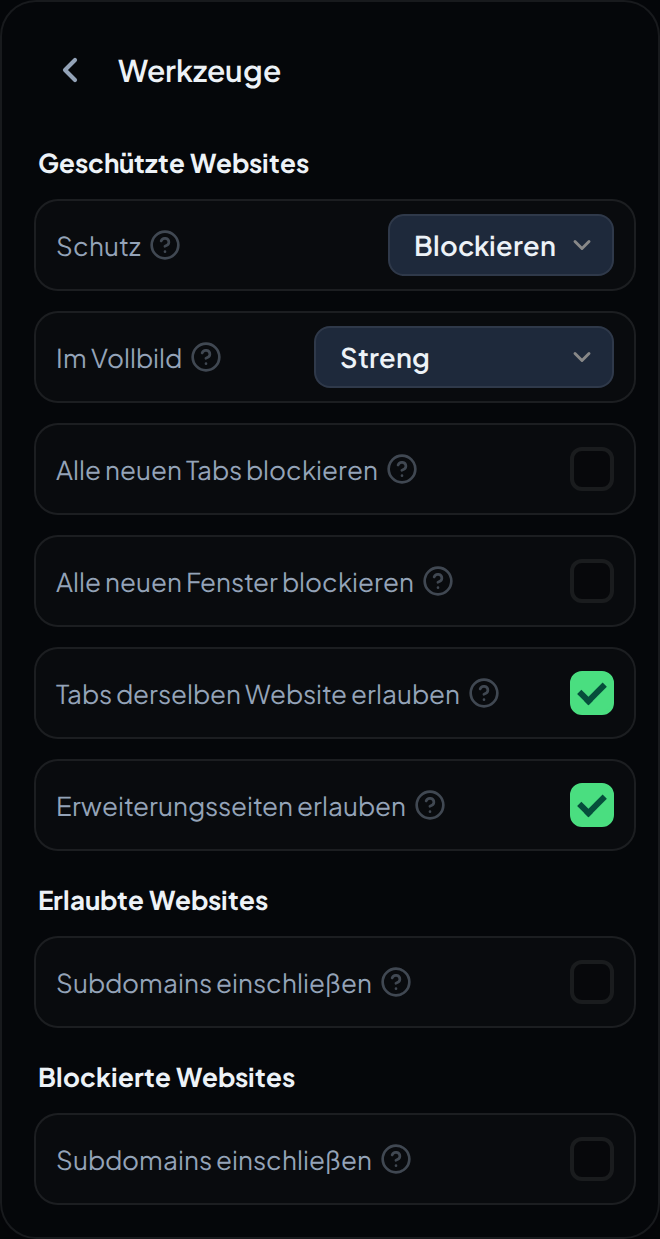 Der Einstellungsbildschirm Werkzeuge, mit Schutz auf Blockieren, Im Vollbild auf Streng und den Kontrollkästchen darunter.