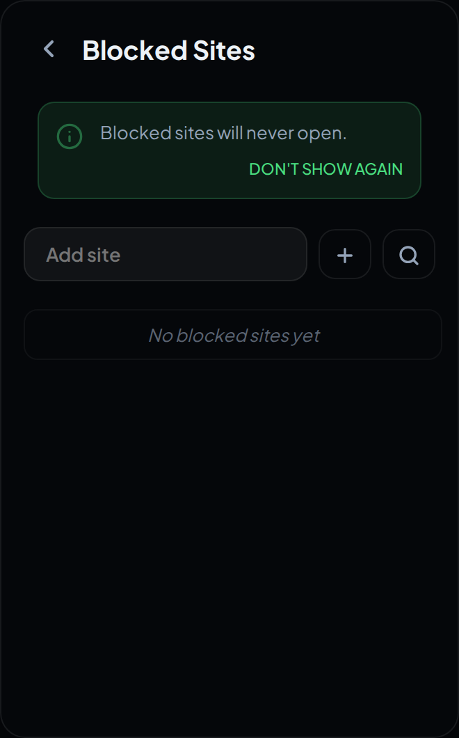 The Blocked Sites screen in the popup, with its explanatory banner and the field to add a site.