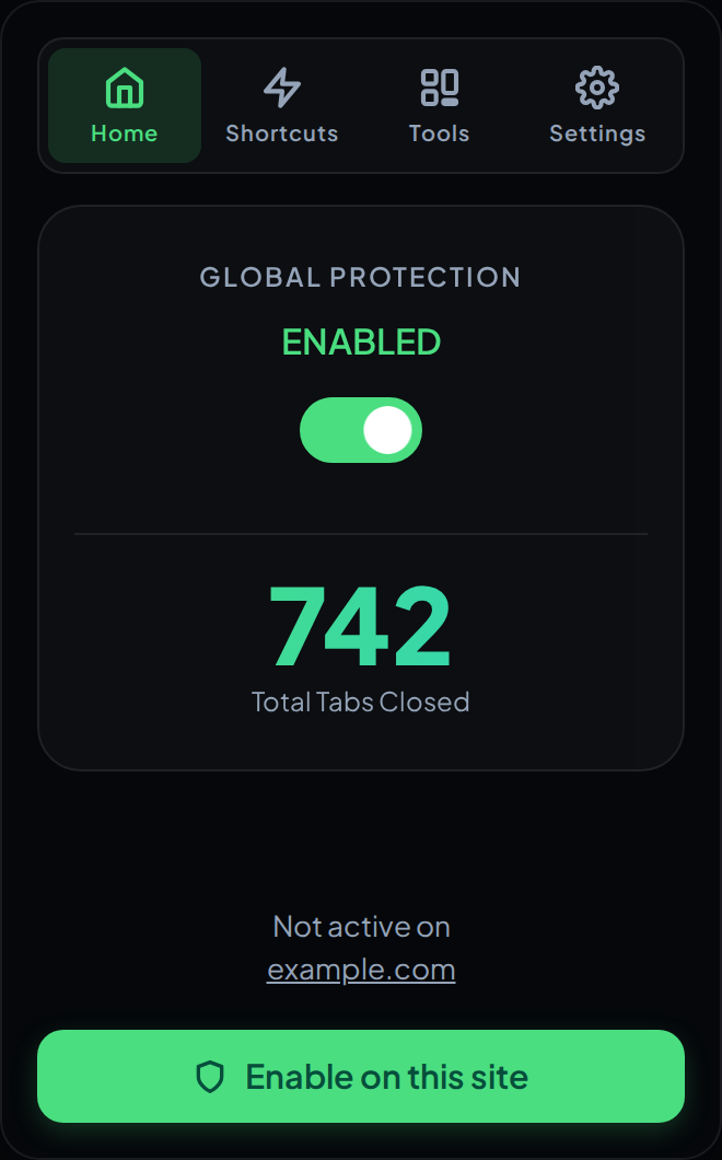 The AdTab Killer popup on the Home tab, showing the global protection switch, the closed tab counter and the button that protects the current site.
