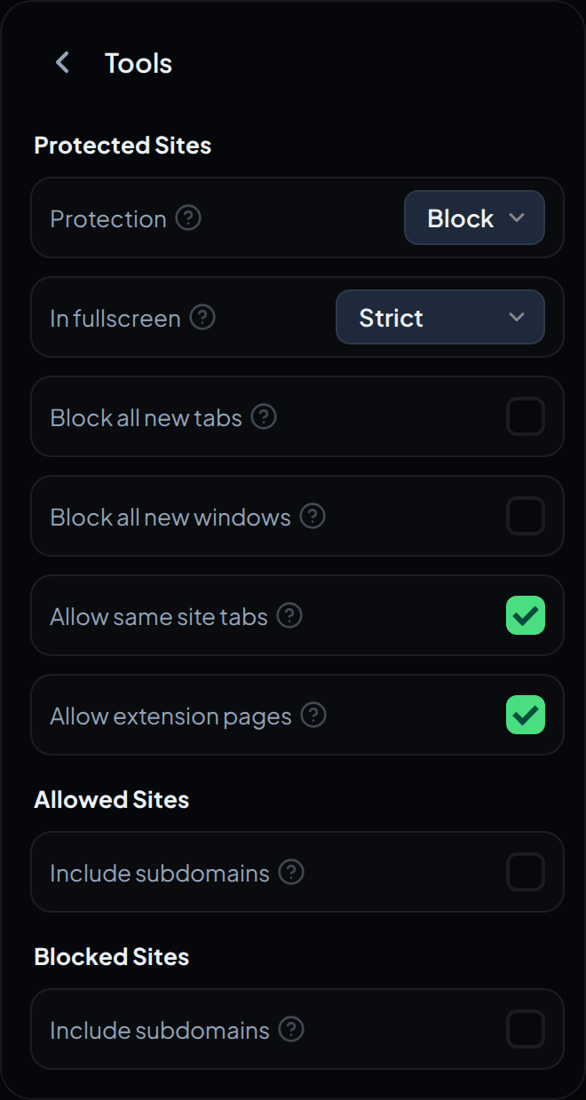 The Tools settings screen in the popup, showing Protection set to Block, In fullscreen set to Strict, and the checkboxes below them.