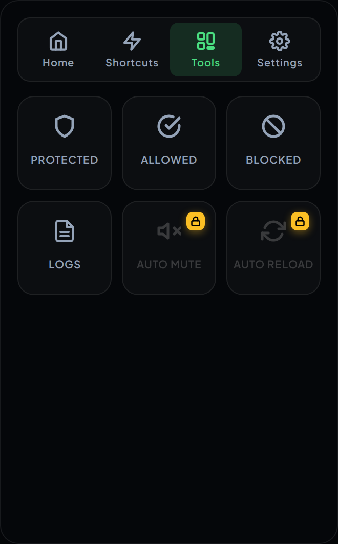 The Tools tab in the popup, with Protected, Allowed, Blocked and Logs available, and Auto mute and Auto reload shown locked.