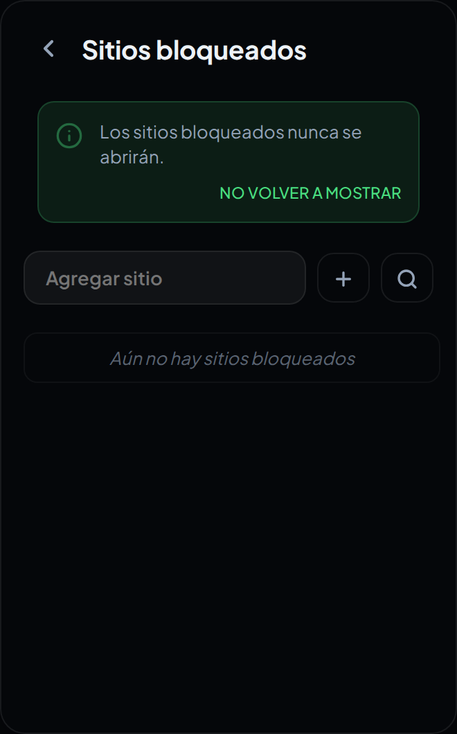 La pantalla de Sitios bloqueados en el popup, con su aviso explicativo y el campo para añadir un sitio.