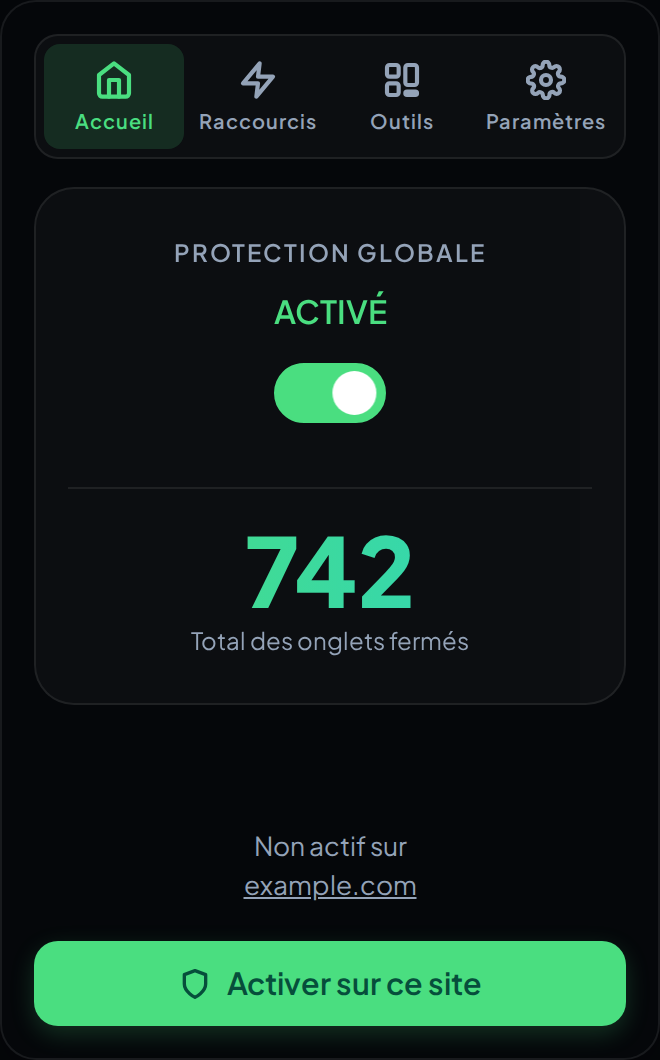 La fenêtre d'AdTab Killer sur l'onglet Accueil, avec l'interrupteur de protection globale, le compteur d'onglets fermés et le bouton qui protège le site en cours.