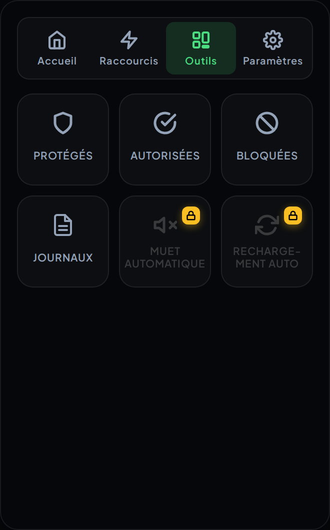 L'onglet Outils dans la fenêtre de l'extension, avec Protégés, Autorisées, Bloqués et Journaux disponibles, et Couper le son et Recharger automatiquement affichés verrouillés.
