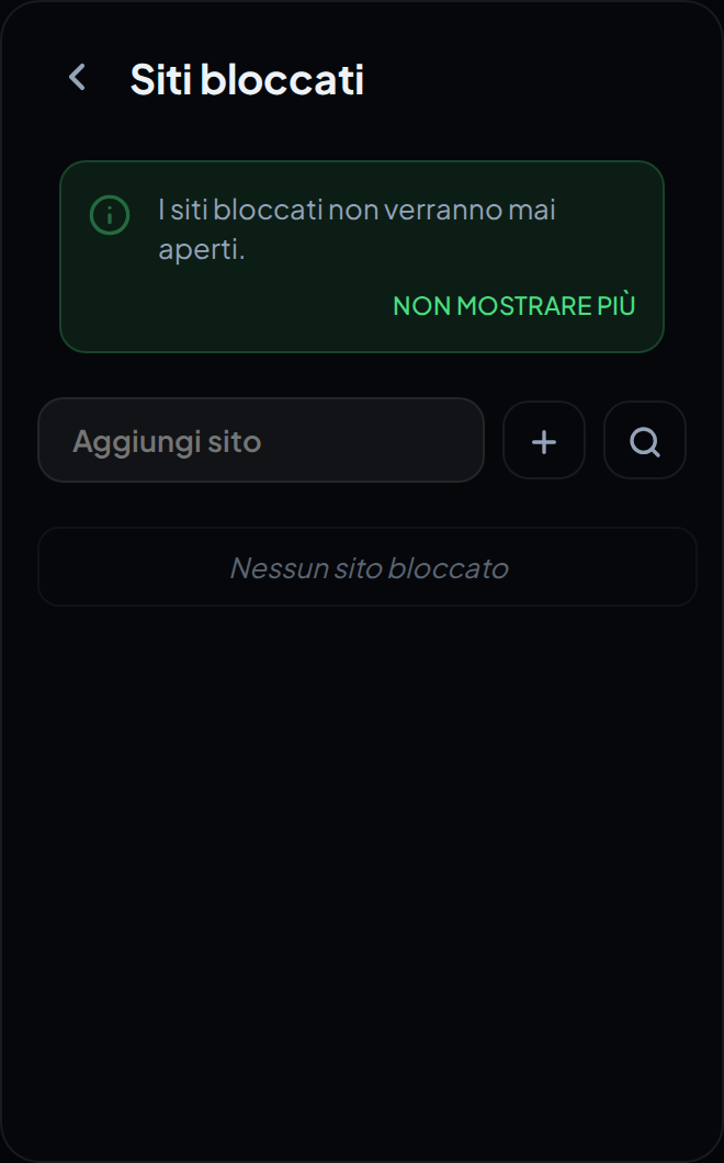 La schermata Siti bloccati nel popup, con il suo banner esplicativo e il campo per aggiungere un sito.