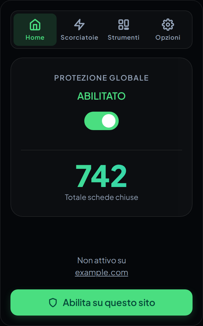 Il popup di AdTab Killer sulla scheda Home, con l'interruttore della protezione globale, il contatore delle schede chiuse e il pulsante che protegge il sito corrente.