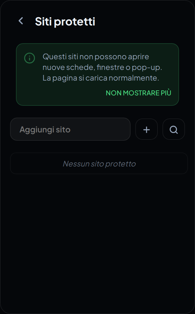 La schermata Siti protetti nel popup, con il suo banner esplicativo e il campo per aggiungere un sito.