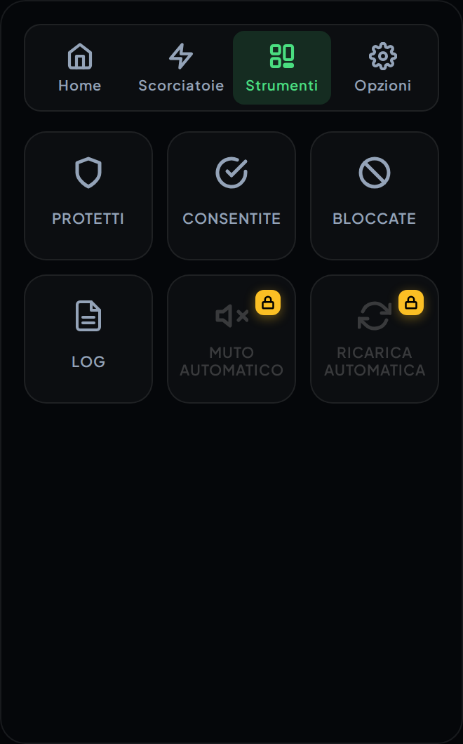 La scheda Strumenti nel popup, con Protetti, Consentite, Bloccati e Log disponibili, e Silenzia automaticamente e Ricarica automaticamente mostrati bloccati.
