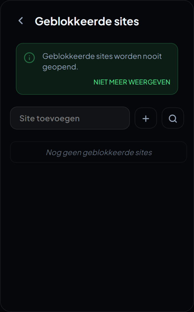 Het scherm Geblokkeerde sites in de pop-up, met de uitleg-banner en het veld om een site toe te voegen.