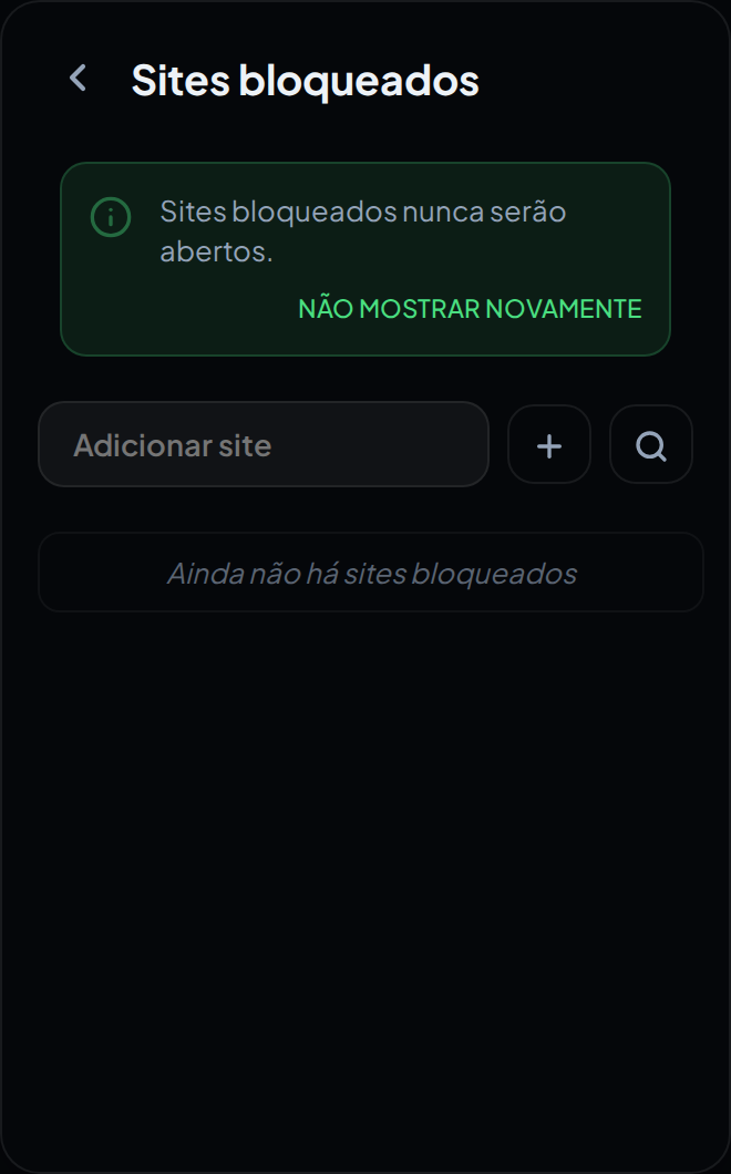 A tela de Sites bloqueados no popup, com o aviso explicativo e o campo para adicionar um site.