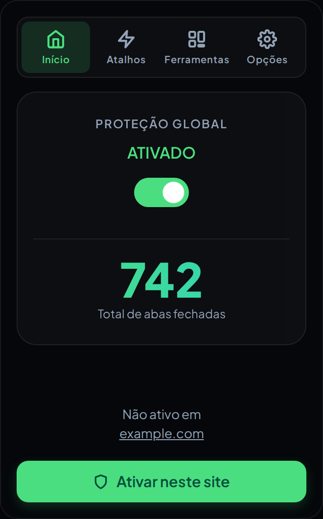 O popup do AdTab Killer na aba Início, mostrando a chave da proteção global, o contador de abas fechadas e o botão que protege o site atual.