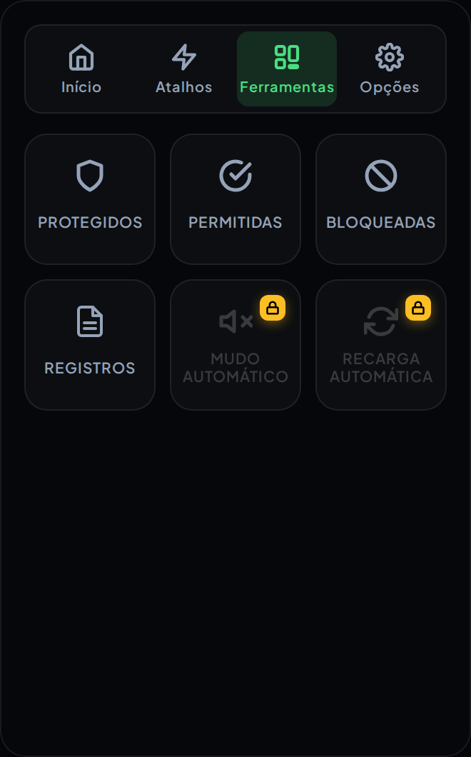 A aba Ferramentas no popup, com Protegidos, Permitidas, Bloqueados e Registros disponíveis, e Silenciar automaticamente e Recarregar automaticamente bloqueados.