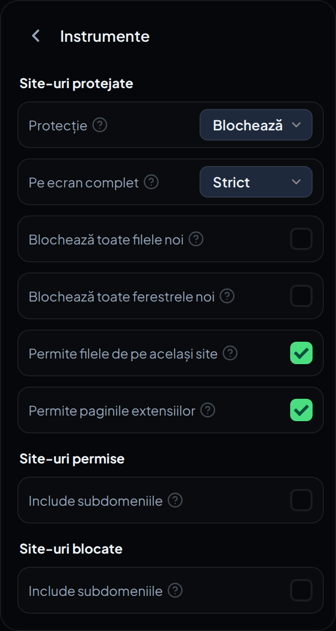 Ecranul de setări Unelte din fereastra extensiei, cu Protecție pe Blochează, În ecran complet pe Strict și casetele de bifat dedesubt.