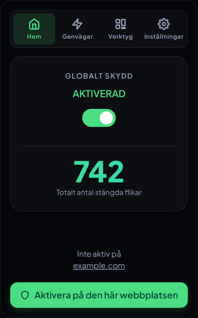 AdTab Killer-fönstret på fliken Hem, med strömbrytaren för globalt skydd, räknaren för stängda flikar och knappen som skyddar den aktuella webbplatsen.