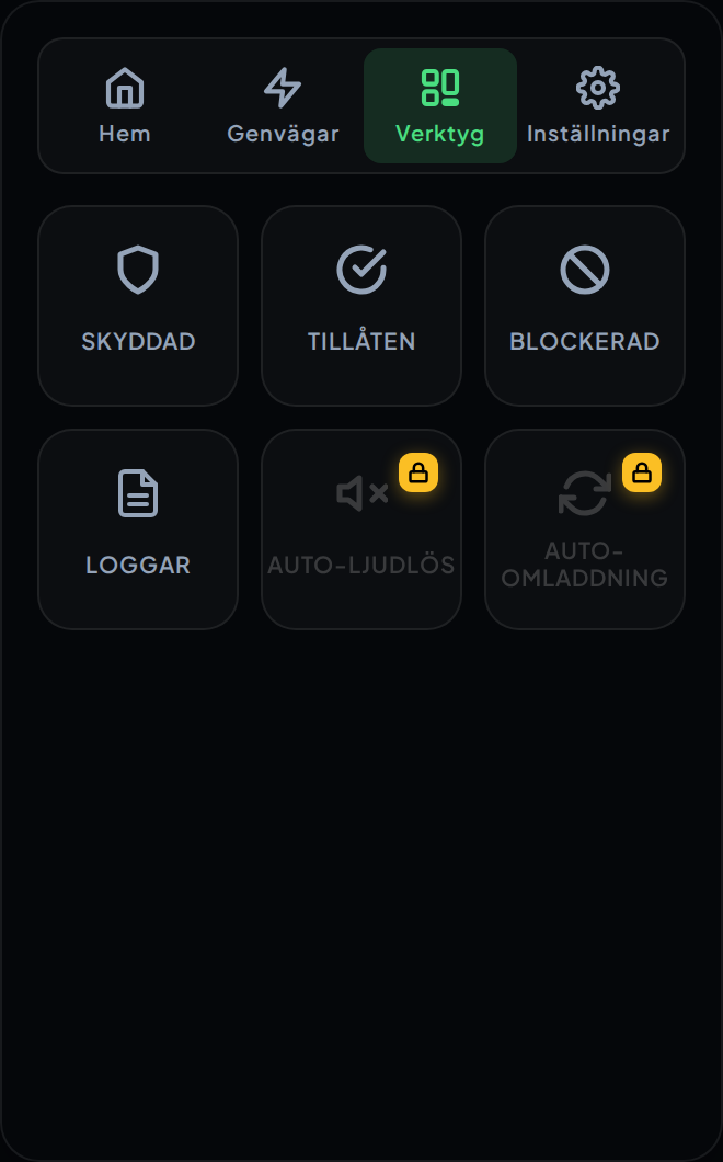 Fliken Verktyg i tilläggets fönster, med Skyddade, Tillåtna, Blockerade och Loggar tillgängliga, och Ljud av automatiskt och Ladda om automatiskt visade som låsta.