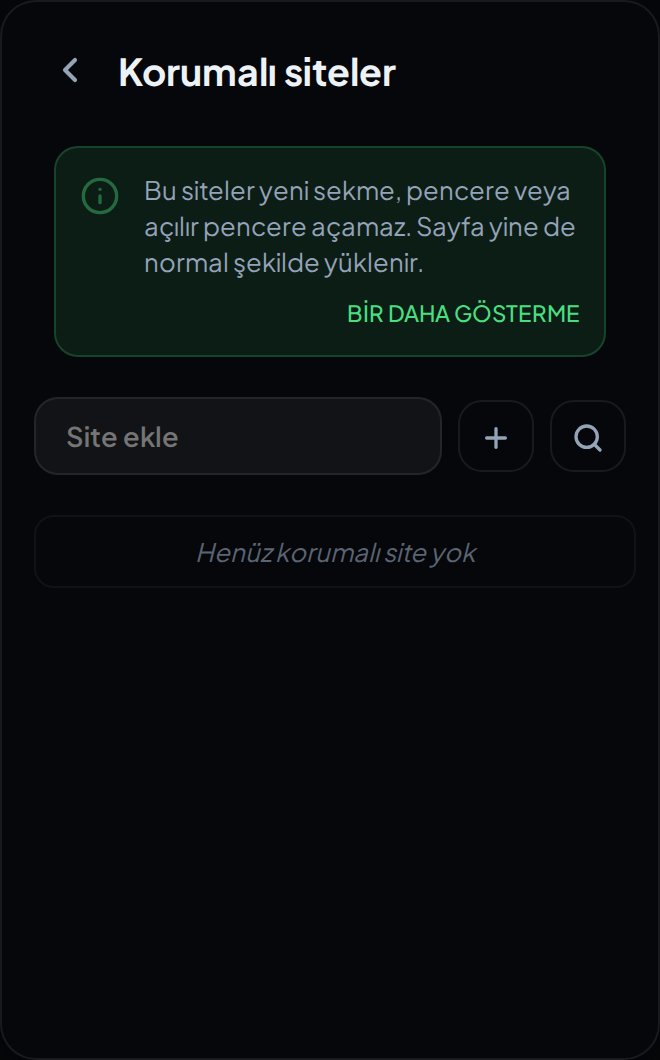 Eklenti penceresindeki Korumalı siteler ekranı, açıklama şeridi ve site ekleme alanıyla.
