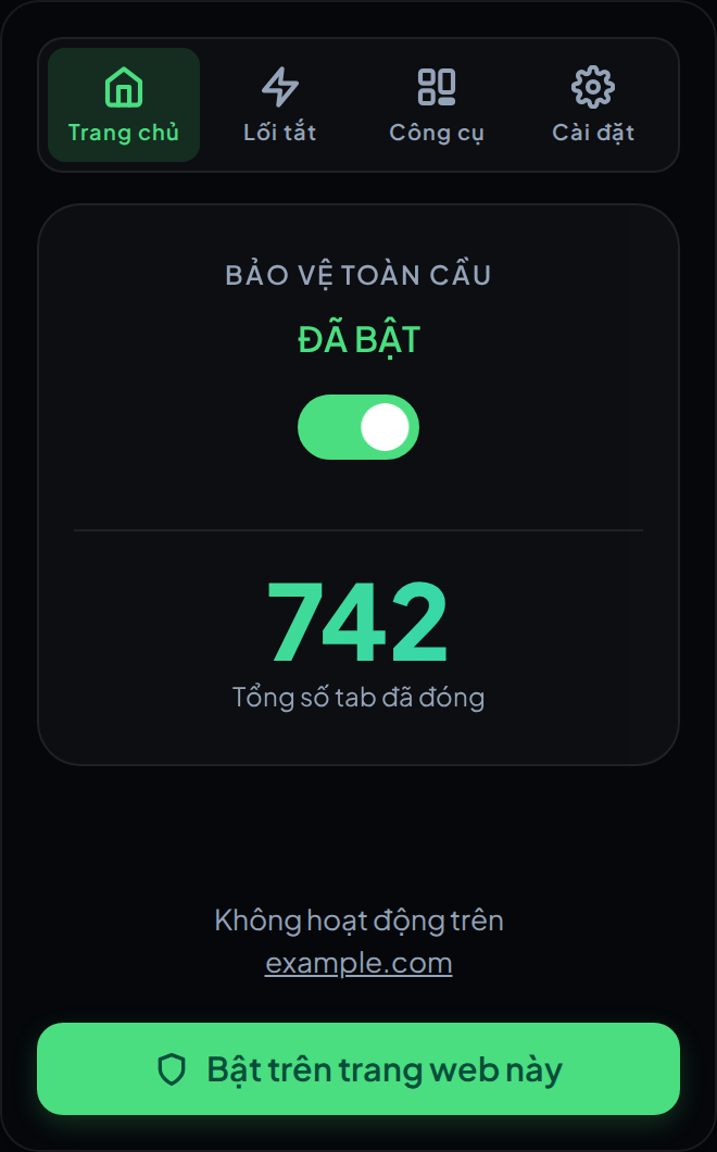 Cửa sổ AdTab Killer ở thẻ Trang chủ, với công tắc bảo vệ toàn cục, bộ đếm thẻ đã đóng và nút bảo vệ trang hiện tại.