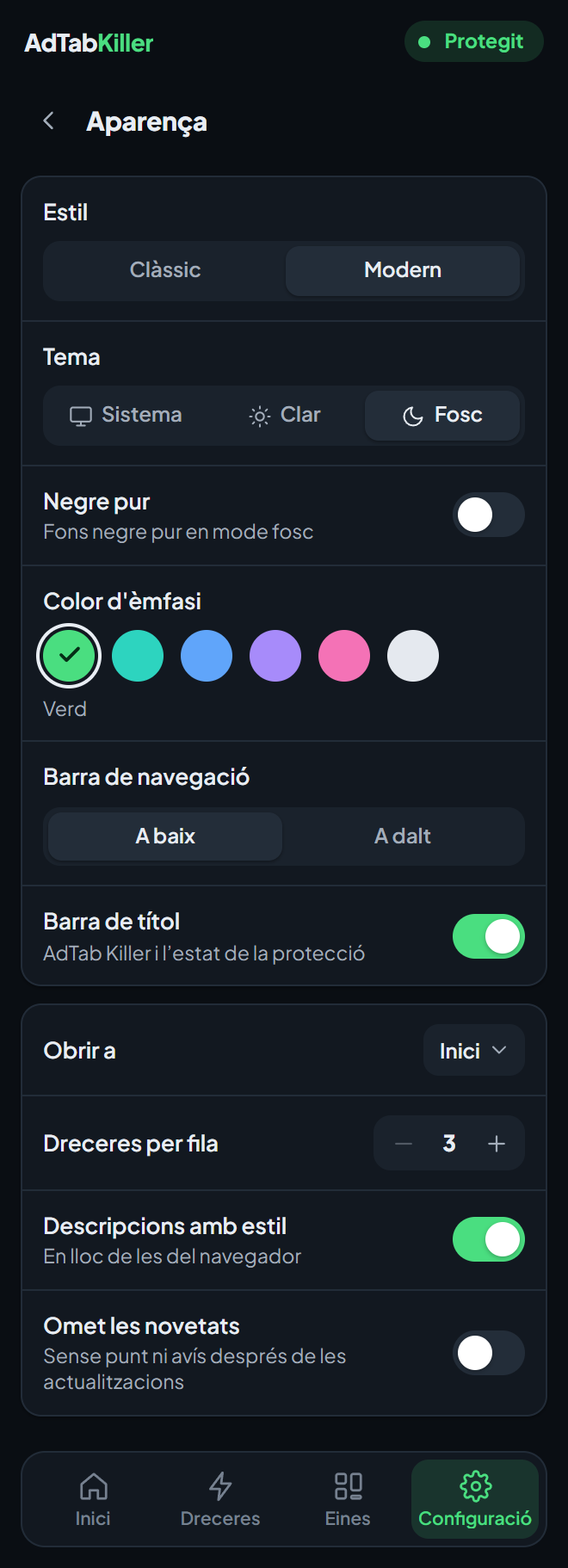 La pantalla d'opcions Aparença a la finestra de l'extensió: Estil, Tema, Negre pur, Color d'èmfasi, Barra de navegació, Barra de títol i les opcions de sota.