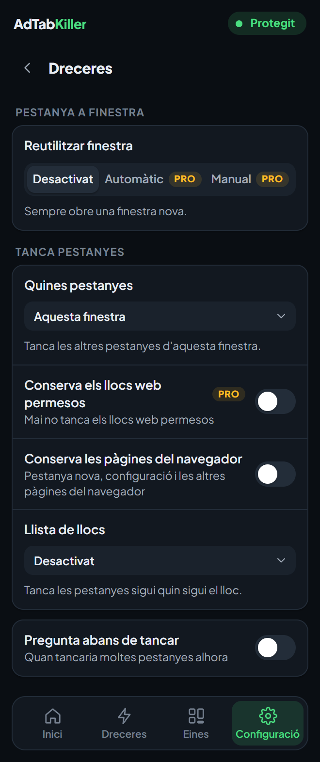 La pantalla d'opcions Dreceres a la finestra de l'extensió, amb Reutilitzar finestra i les opcions de Tanca pestanyes.
