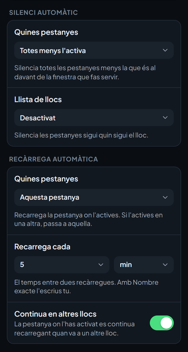 La part de baix de la pantalla d'opcions Eines i protecció, amb les opcions de Silenci automàtic i Recàrrega automàtica.