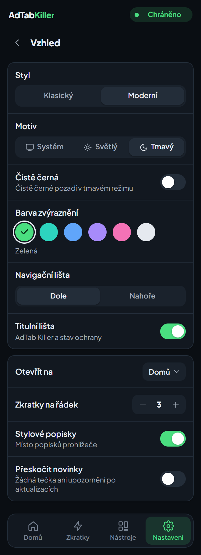 Obrazovka nastavení Vzhled v okně rozšíření: Styl, Motiv, Čistě černá, Barva zvýraznění, Navigační lišta, Titulní lišta a volby pod nimi.