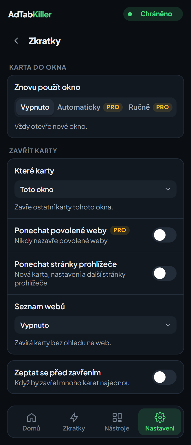 Obrazovka nastavení Zkratky v okně rozšíření, s nastavením Znovu použít okno a volbami zkratky Zavřít karty.