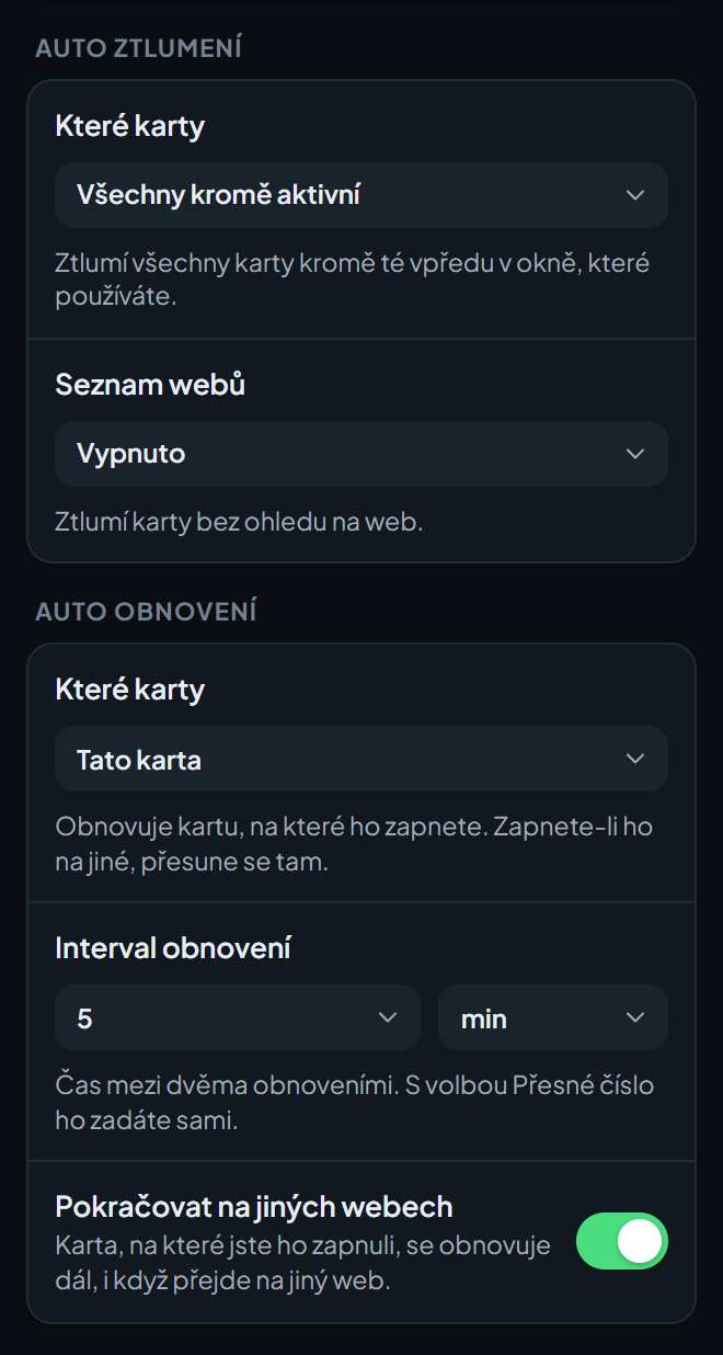 Spodní část obrazovky nastavení Nástroje a ochrana, s volbami nástrojů Auto ztlumení a Auto obnovení.
