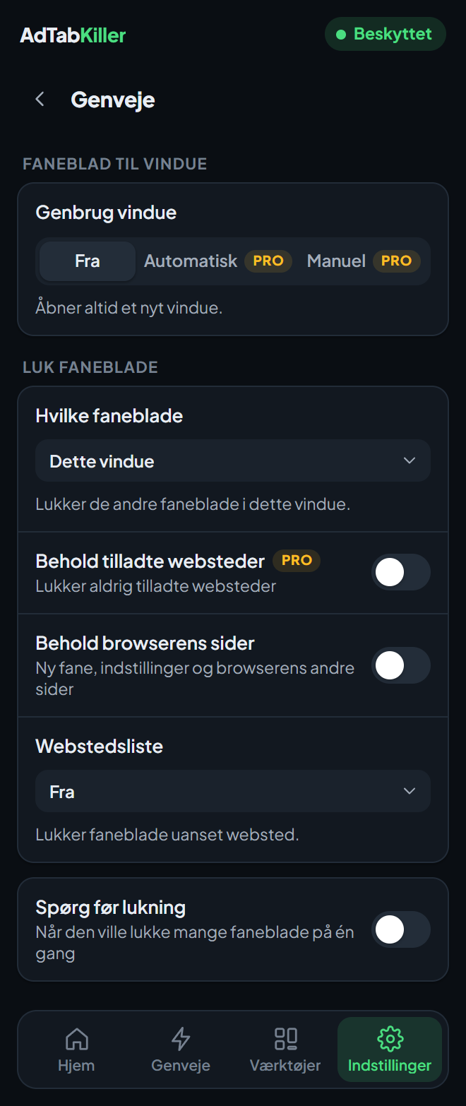 Indstillingsskærmen Genveje i udvidelsens vindue, med Genbrug vindue og mulighederne for Luk faneblade.