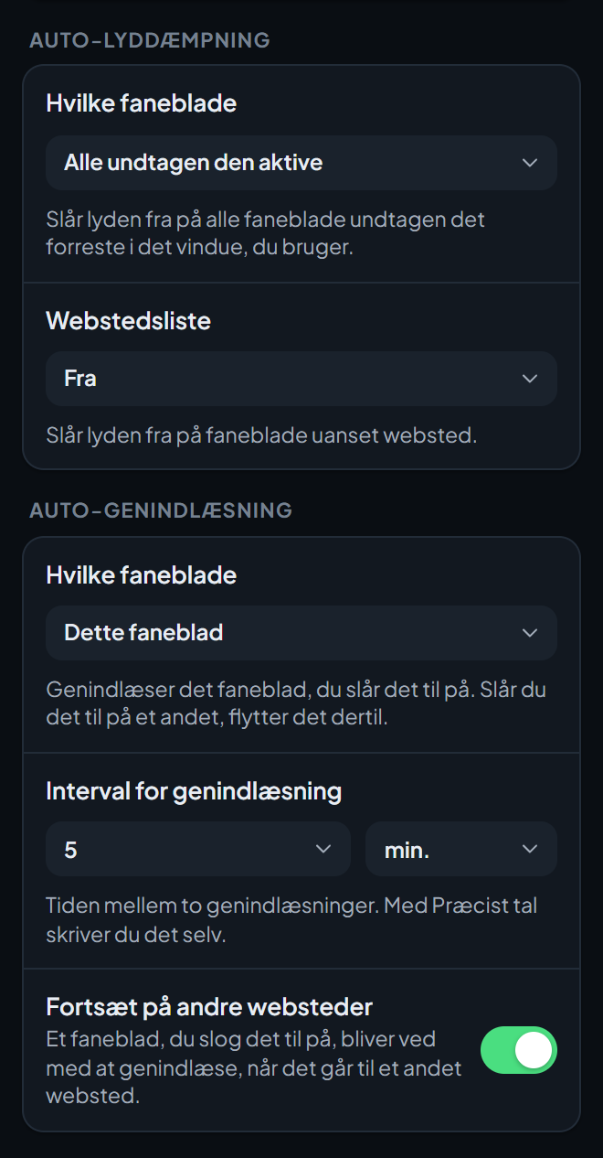 Den nederste del af indstillingsskærmen Værktøjer og beskyttelse, med mulighederne for Auto-lyddæmpning og Auto-genindlæsning.