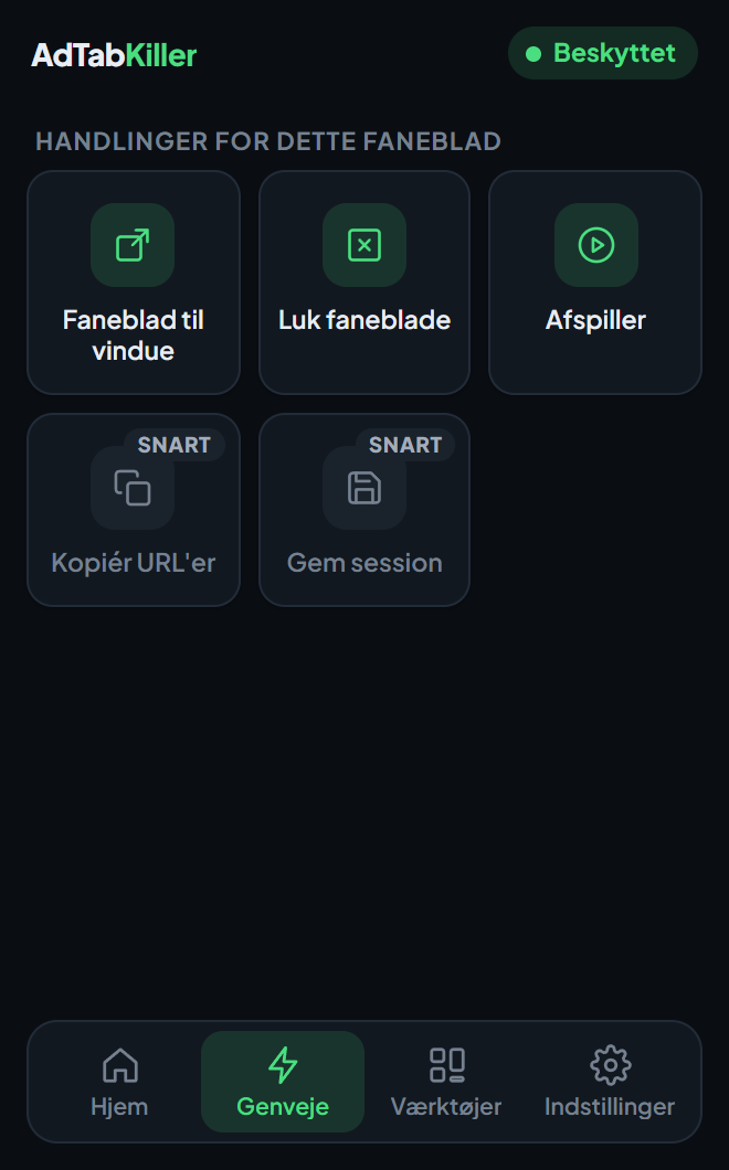 Fanen Genveje i udvidelsens vindue, med Faneblad til vindue, Luk faneblade og Afspiller, og to genveje markeret som kommer snart.