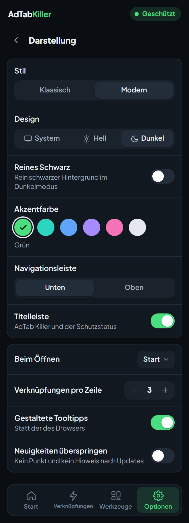 Der Einstellungsbildschirm Darstellung im Fenster der Erweiterung: Stil, Design, Reines Schwarz, Akzentfarbe, Navigationsleiste, Titelleiste und die Optionen darunter.