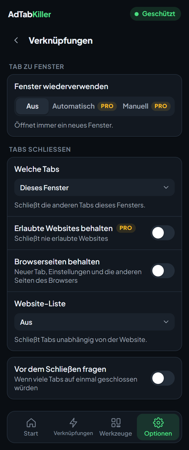 Der Einstellungsbildschirm Verknüpfungen im Fenster der Erweiterung, mit Fenster wiederverwenden und den Optionen für Tabs schließen.