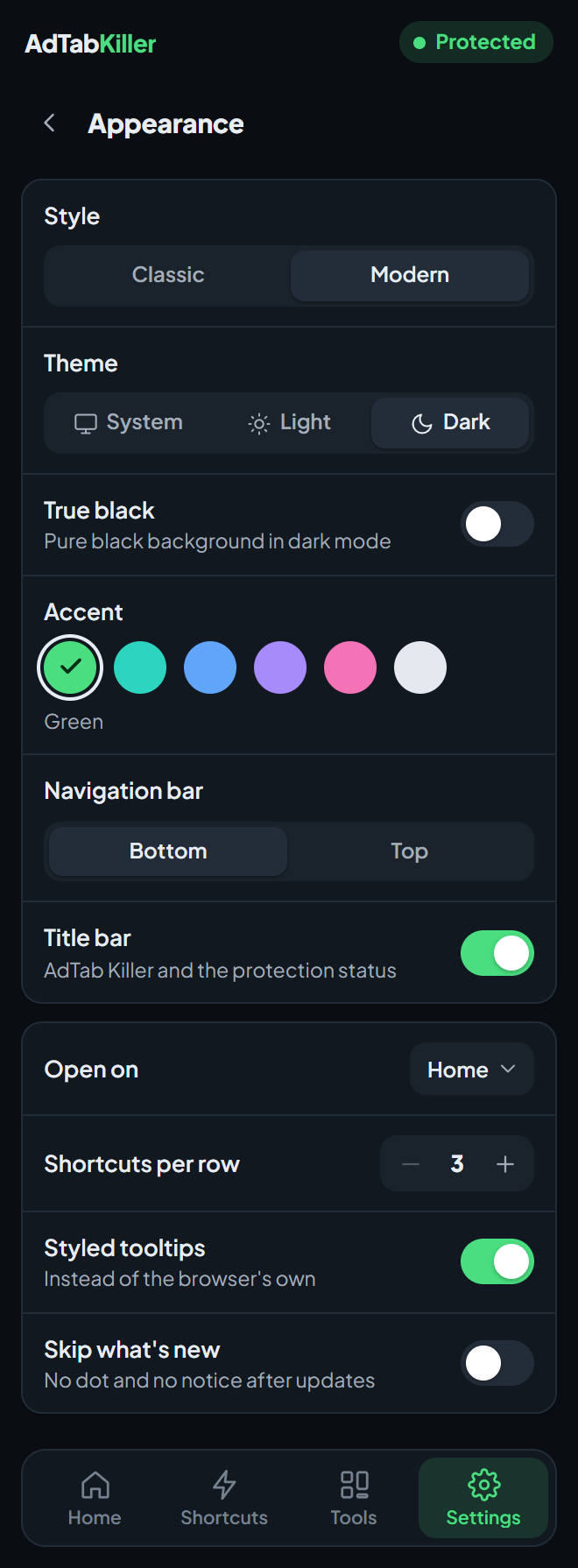 The Appearance settings screen in the popup: Style, Theme, True black, Accent, Navigation bar, Title bar and the options below them.