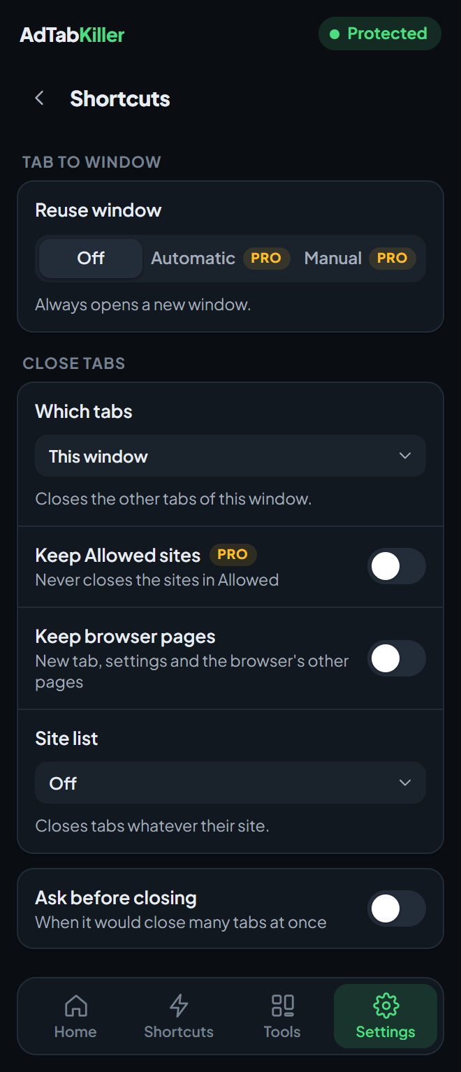 The Shortcuts settings screen in the popup, with Reuse window and the Close Tabs options.