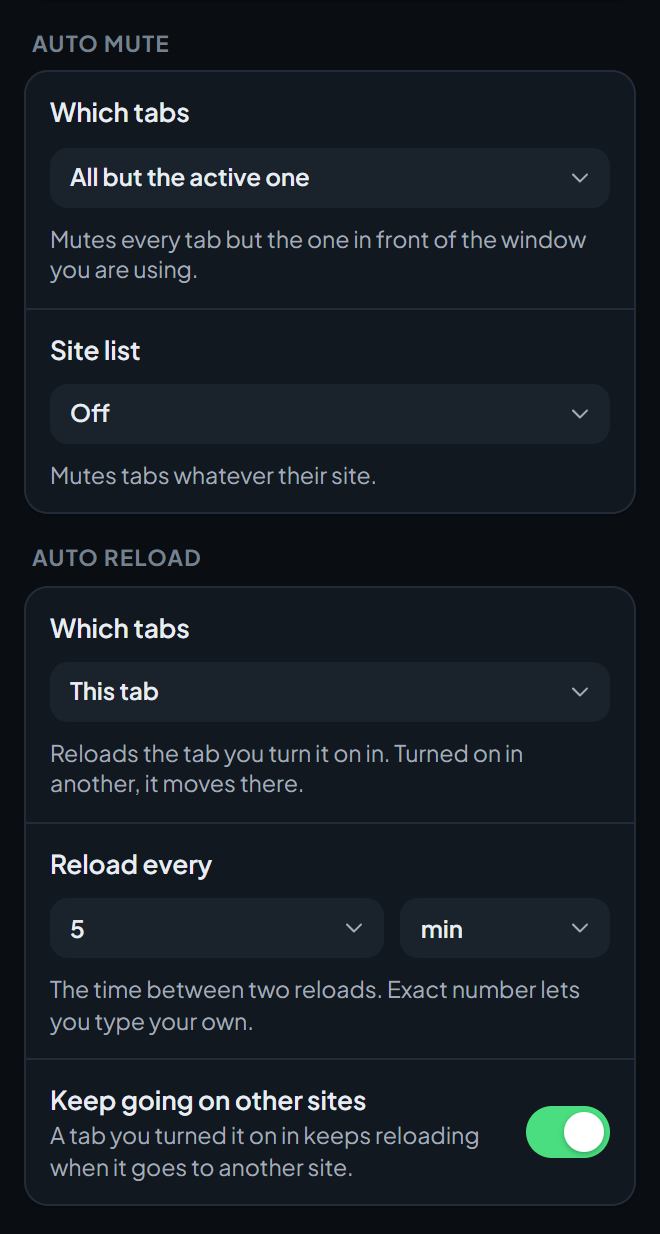 The lower part of the Tools & protection settings screen, with the Auto Mute and Auto Reload options.