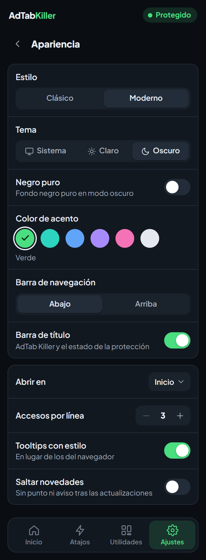 La pantalla de ajustes Apariencia en el popup: Estilo, Tema, Negro puro, Color de acento, Barra de navegación, Barra de título y las opciones de debajo.