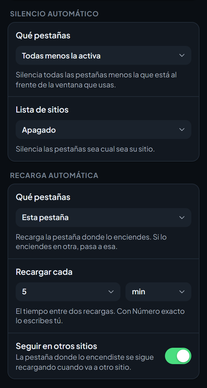 La parte inferior de la pantalla de ajustes Utilidades y protección, con las opciones de Silencio automático y Recarga automática.