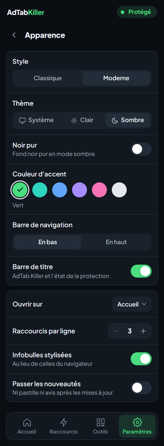 L'écran des paramètres Apparence dans la fenêtre de l'extension : Style, Thème, Noir pur, Couleur d'accent, Barre de navigation, Barre de titre et les options en dessous.
