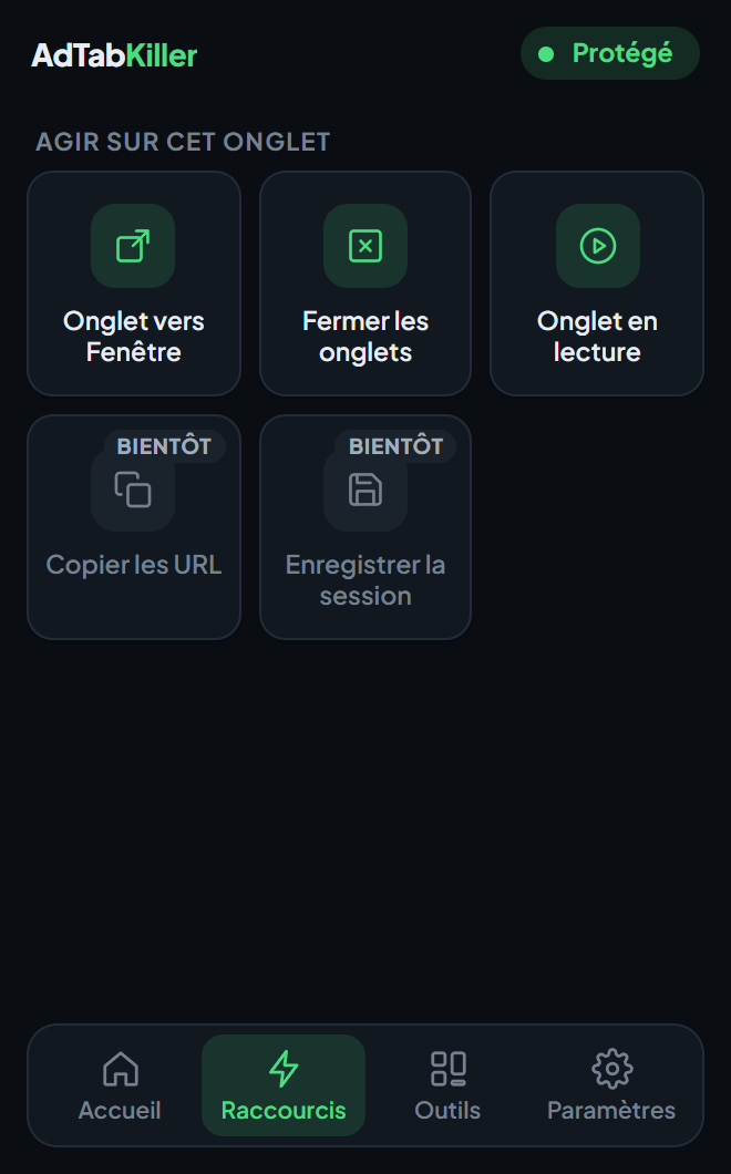L'onglet Raccourcis dans la fenêtre de l'extension, avec Onglet vers Fenêtre, Fermer les onglets et Onglet en lecture, et deux raccourcis marqués bientôt disponibles.
