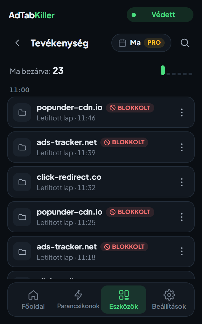 A Tevékenység képernyő a bővítmény ablakában: a mai bezárások sorrendben, mindegyik a webhelyével és az időpontjával, a dátumgomb a Pro címkéjével és a keresőgomb.