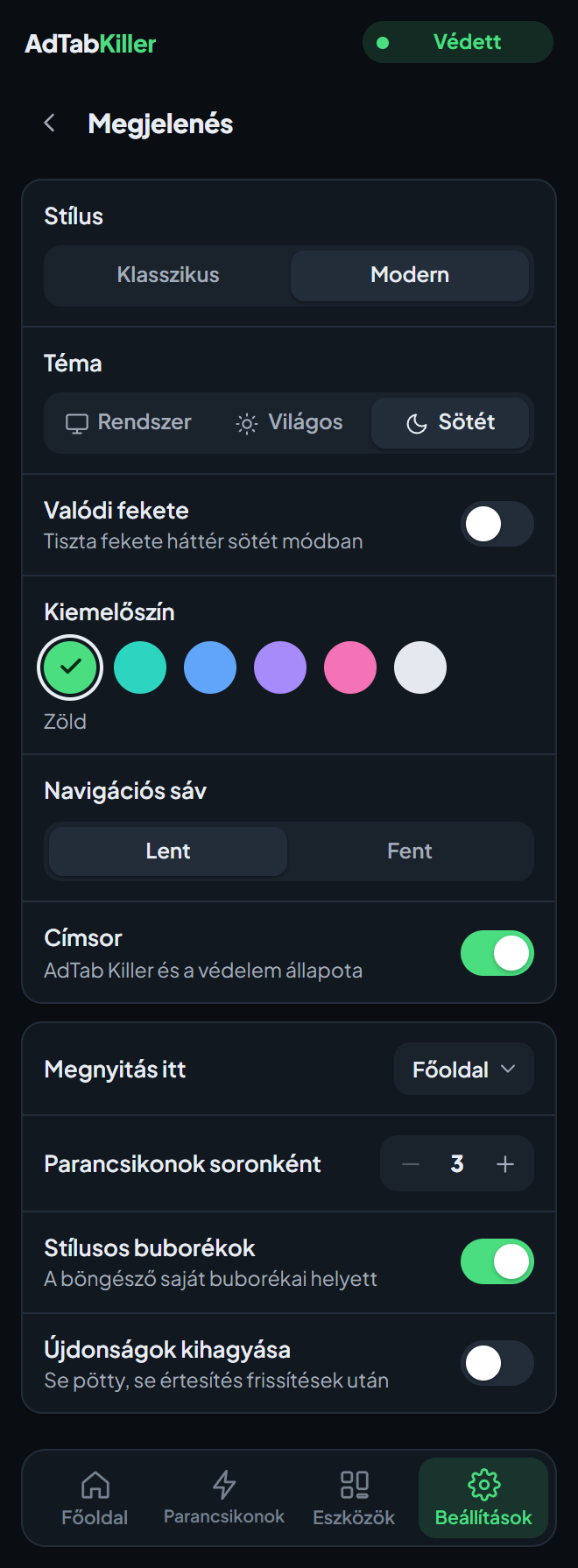 A Megjelenés beállítási képernyő a bővítmény ablakában: Stílus, Téma, Valódi fekete, Kiemelőszín, Navigációs sáv, Címsor és az alattuk lévő lehetőségek.