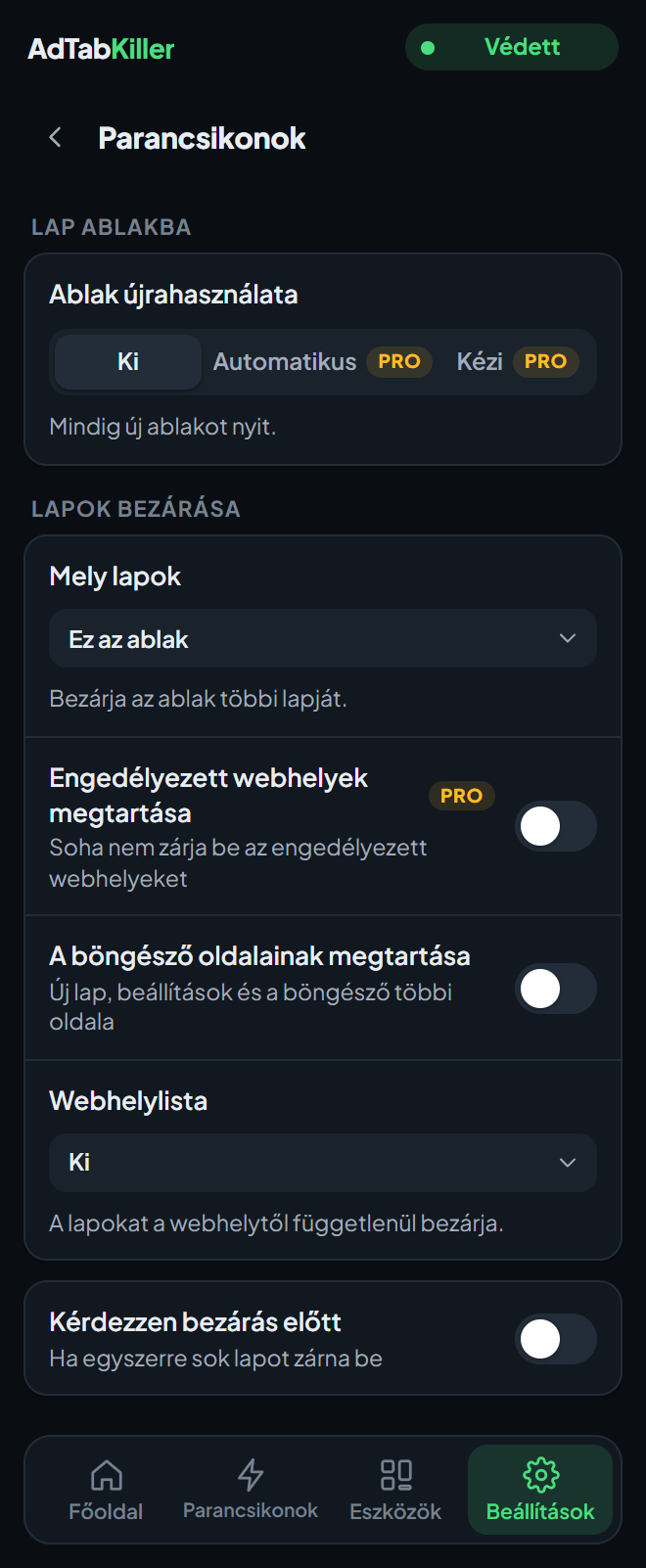 A Parancsikonok beállítási képernyő a bővítmény ablakában, az Ablak újrahasználata beállítással és a Lapok bezárása lehetőségeivel.