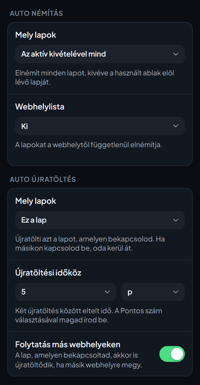 Az Eszközök és védelem beállítási képernyő alsó része, az Auto némítás és az Auto újratöltés lehetőségeivel.