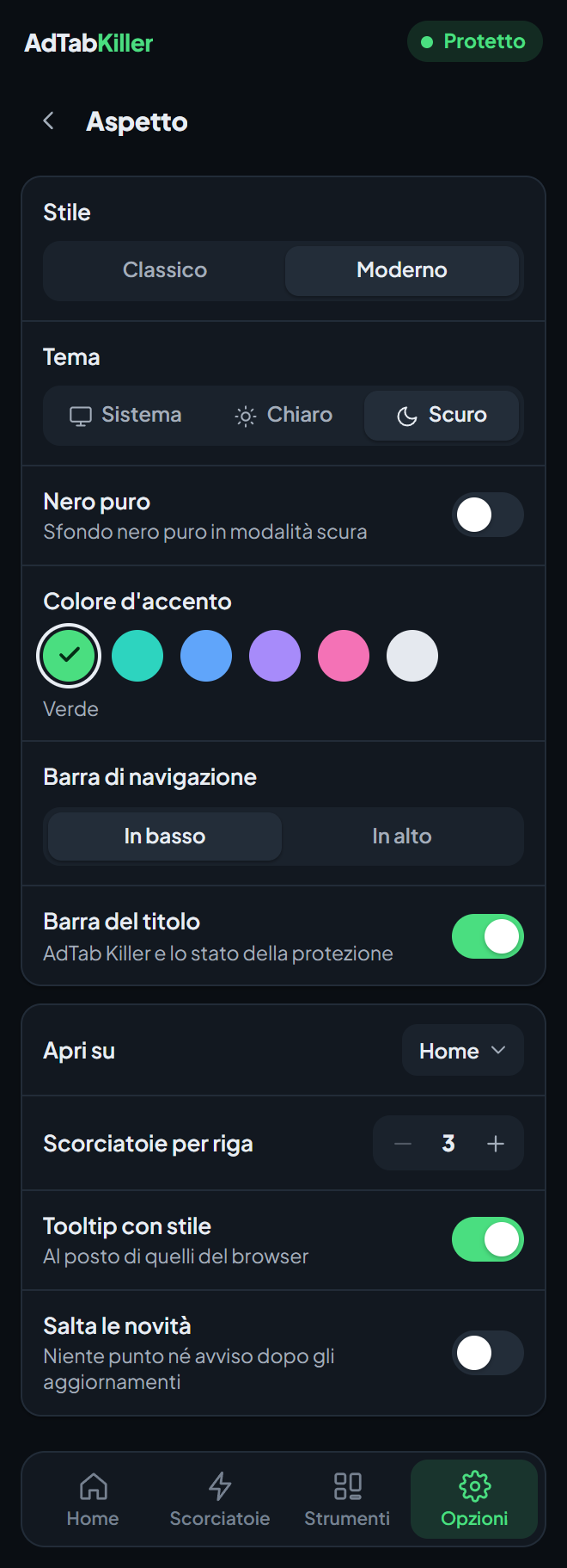 La schermata delle opzioni Aspetto nel popup: Stile, Tema, Nero puro, Colore d'accento, Barra di navigazione, Barra del titolo e le opzioni sotto.
