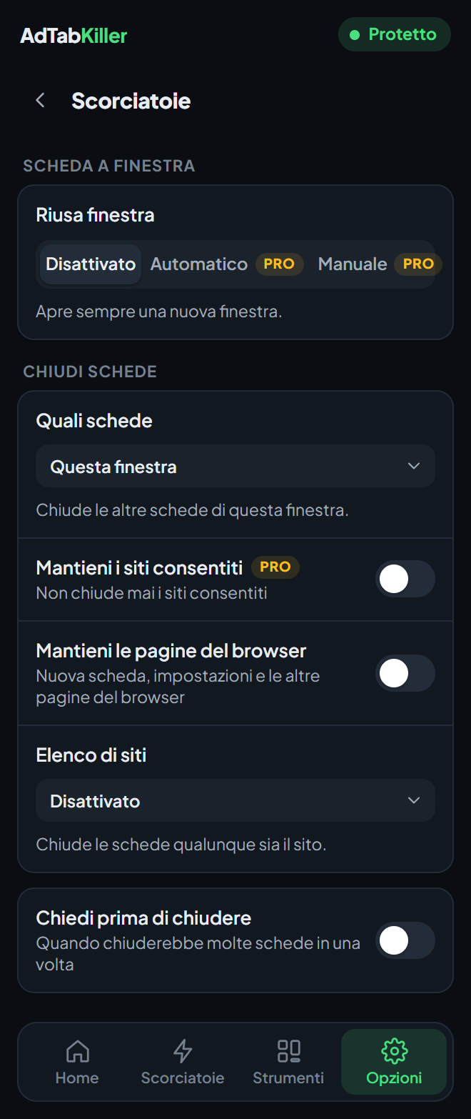 La schermata delle opzioni Scorciatoie nel popup, con Riusa finestra e le opzioni di Chiudi schede.