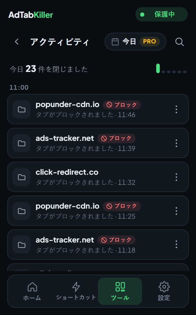 ポップアップのアクティビティ画面: 今日閉じたものが順に並び、それぞれにサイトと時刻が付いています。Pro のタグが付いた日付ボタンと、検索ボタンもあります。