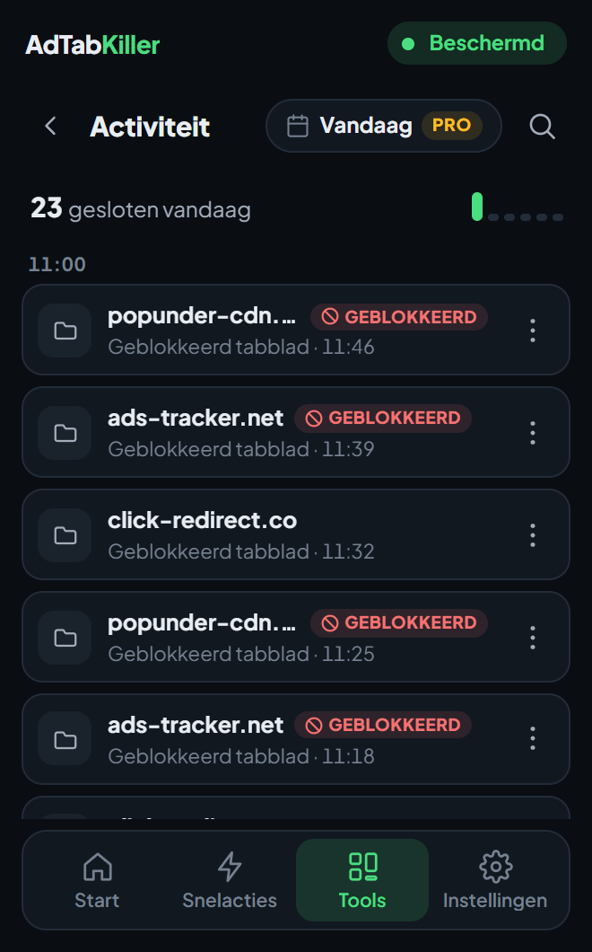 Het scherm Activiteit in de pop-up: de sluitingen van vandaag op volgorde, elk met zijn site en zijn tijd, de datumknop met zijn Pro-label en de zoekknop.